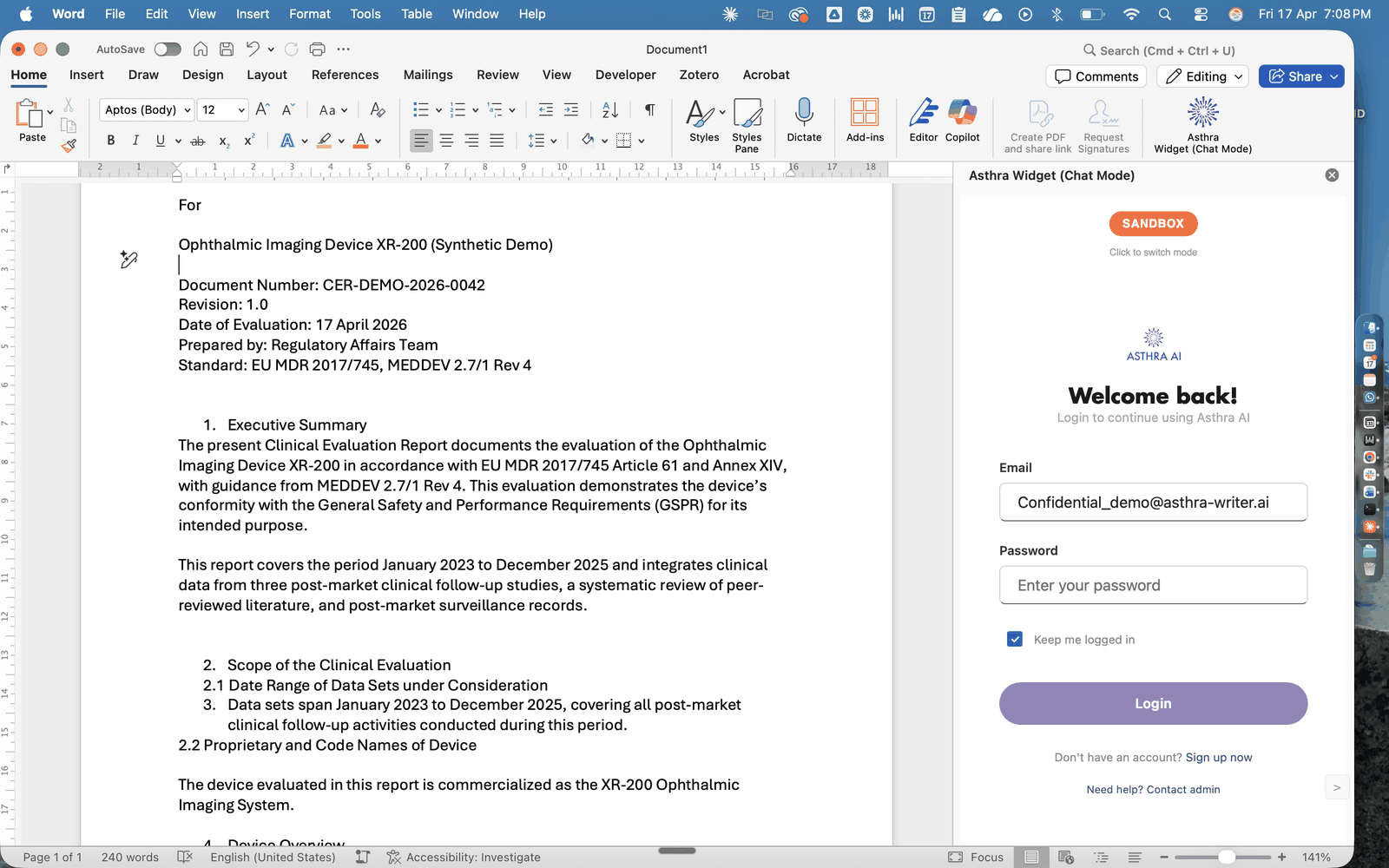 Asthra AI Word add-in — Plan, Retrieve, Draft, Hand off