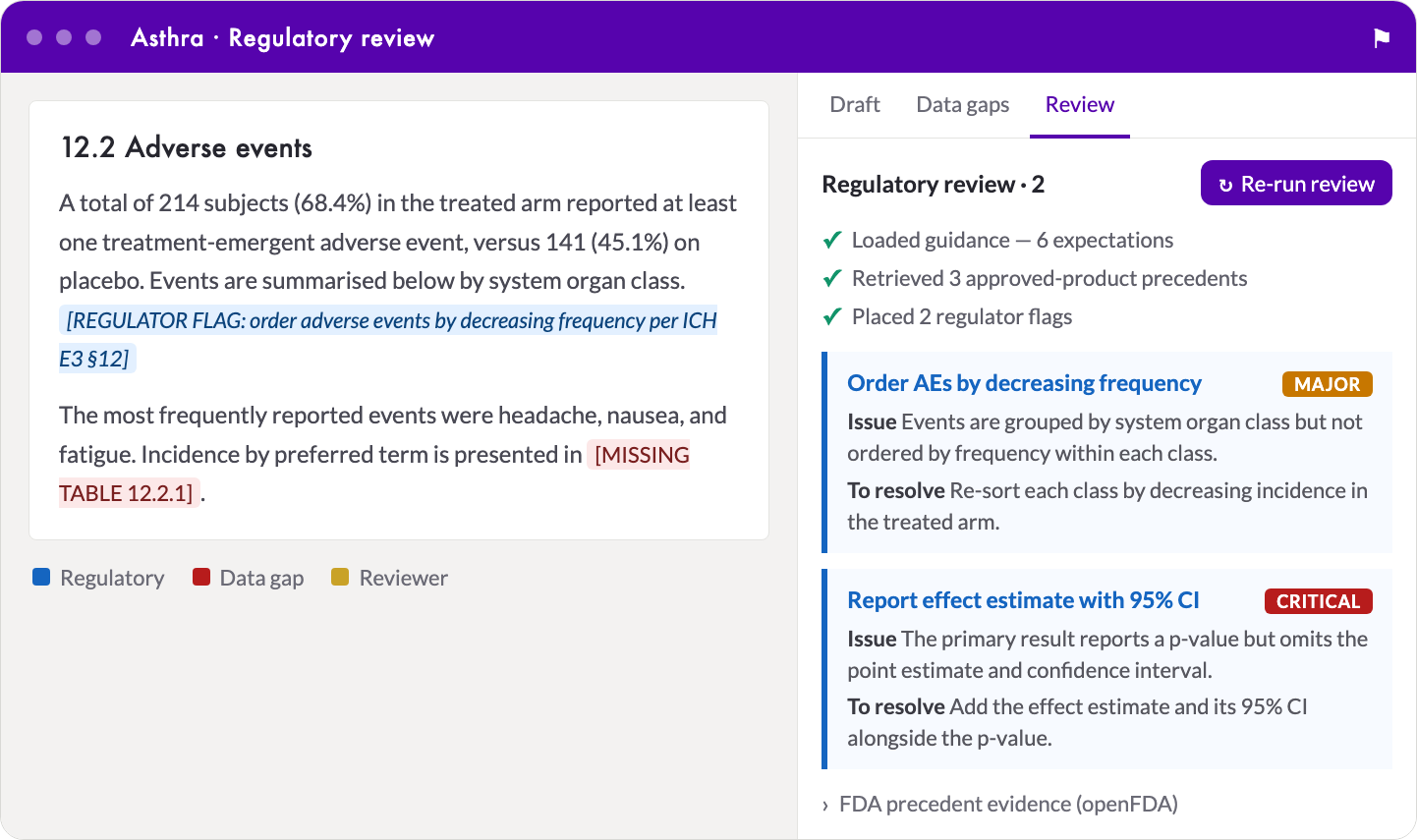 Regulatory Review — inline regulator flags in the draft and the openFDA-grounded audit panel with severity-ranked findings
